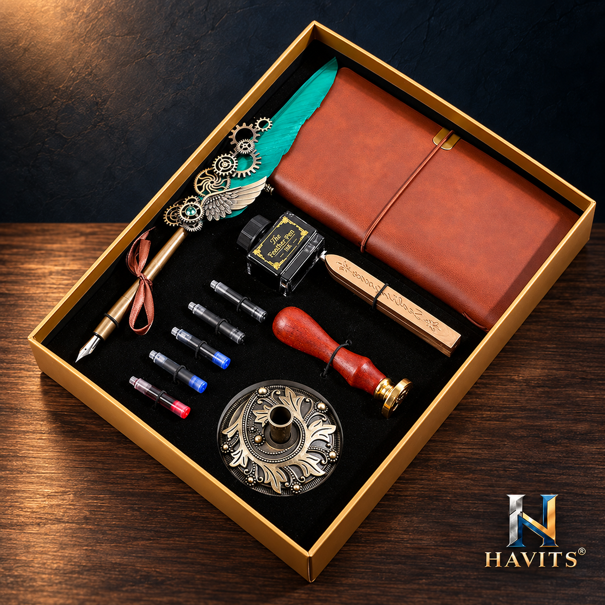 HAVITS retro schrijfset — Deluxe — Turkoois; kleur van de veer