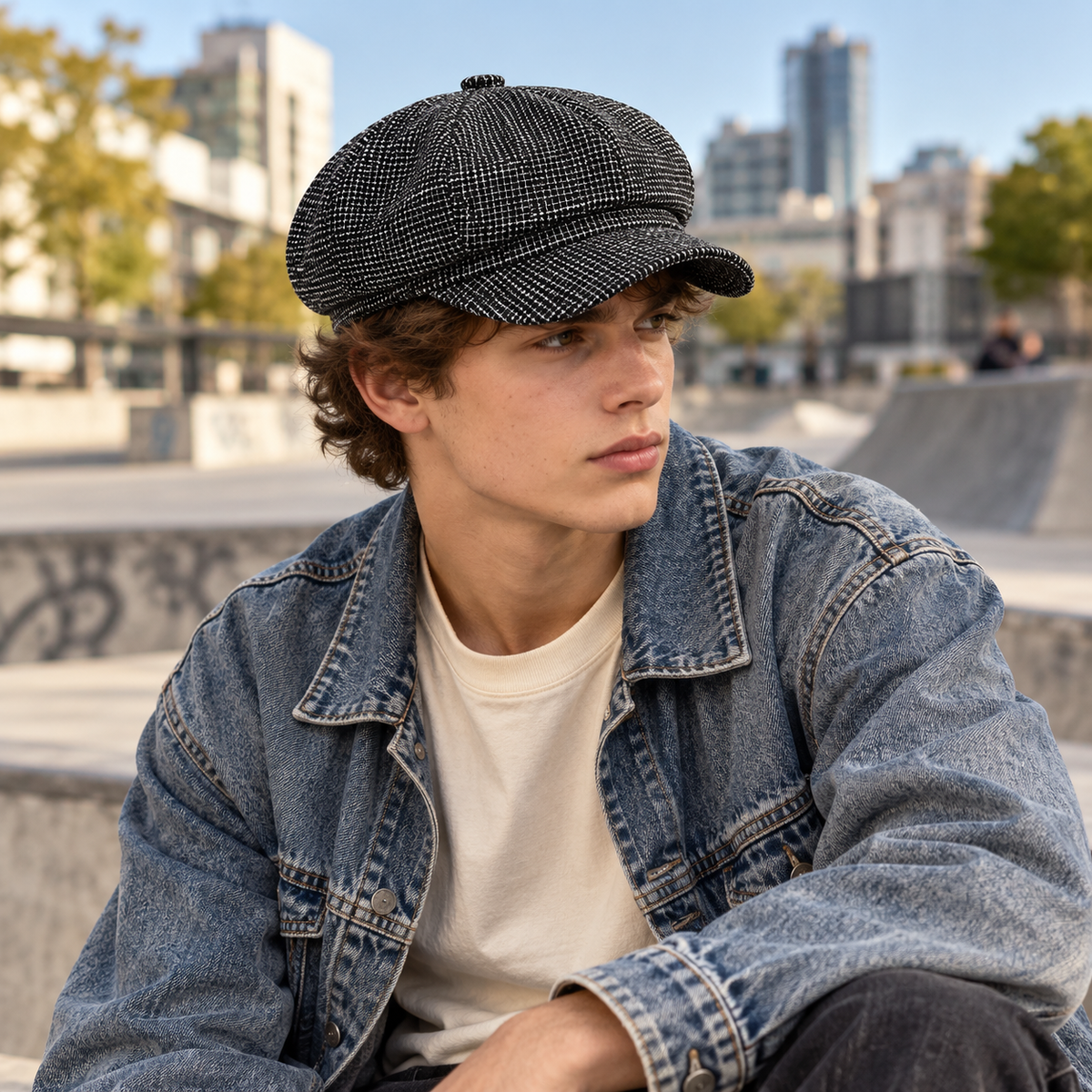 Jonge man draagt de newsboy-pet met een denimjack