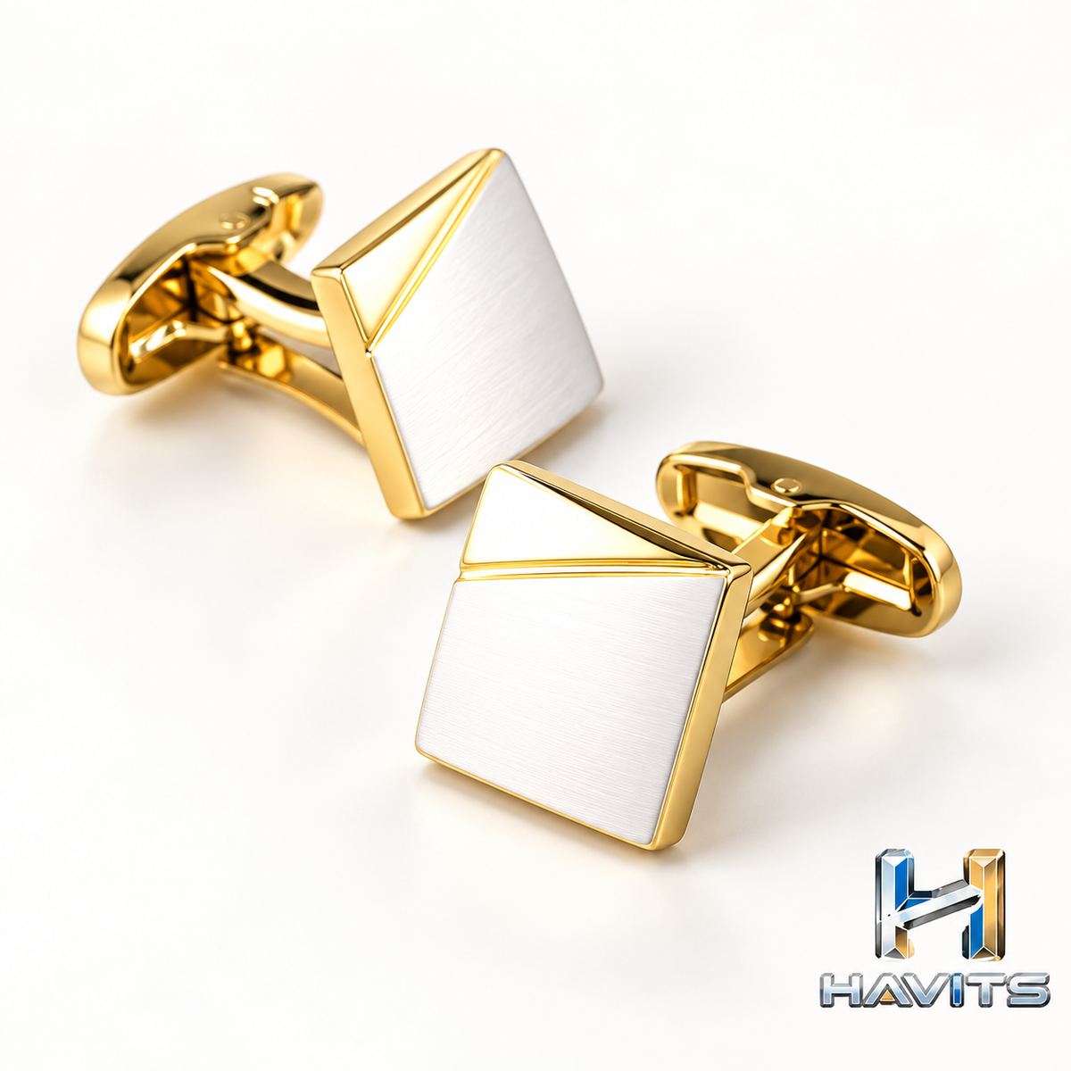 Witte en goudkleurige manchetknopen met HAVITS-logo