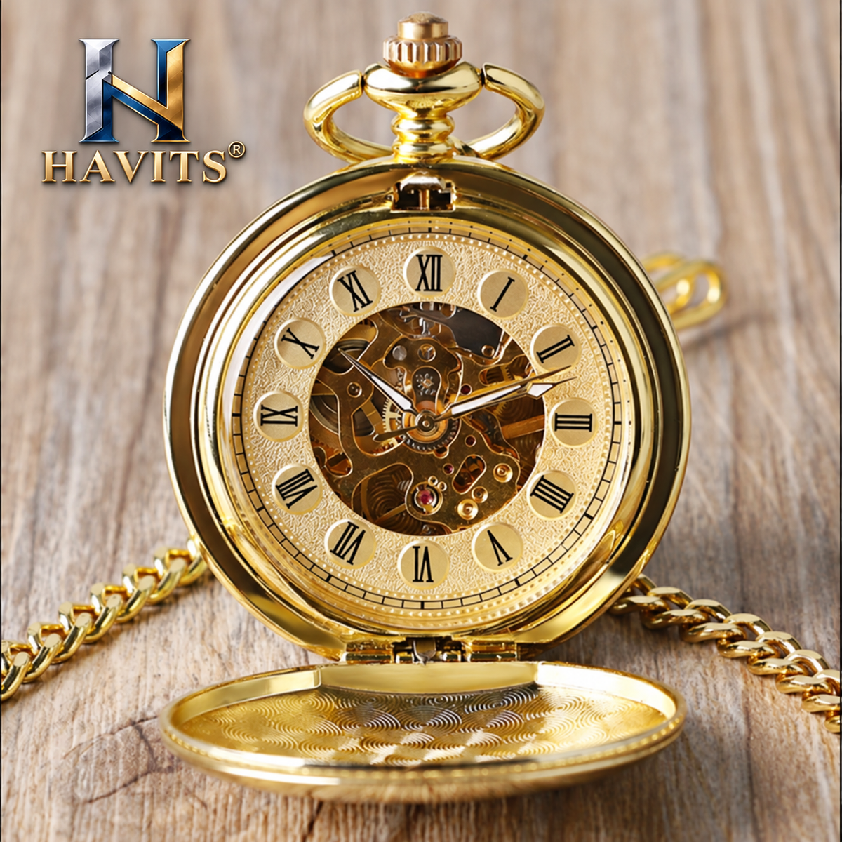 Klassiek goudkleurig zakhorloge met HAVITS-logo