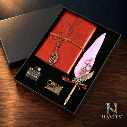 HAVITS retro schrijfset — Classic — Roze; kleur van de veer