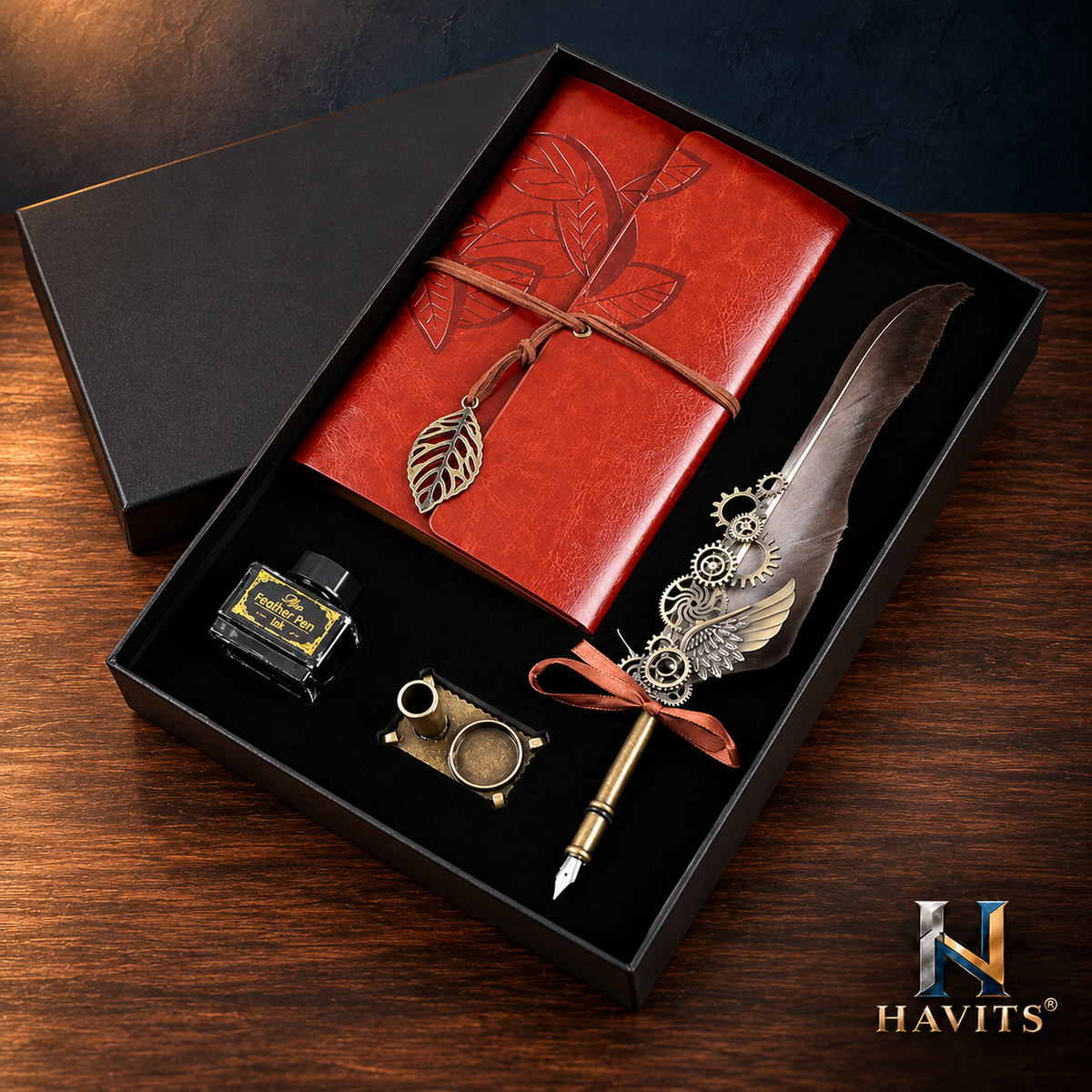 HAVITS retro schrijfset — Classic — Grijsbruin verloop; kleur van de veer