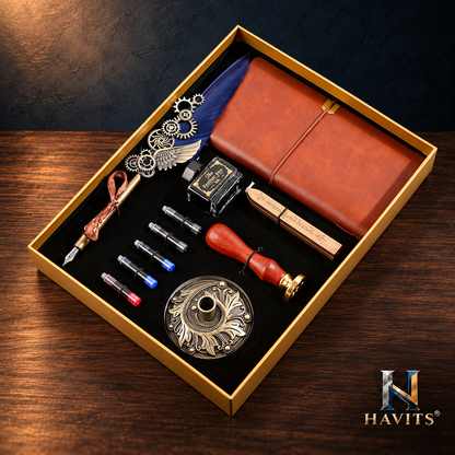 HAVITS retro schrijfset — Deluxe — Marineblauw; kleur van de veer