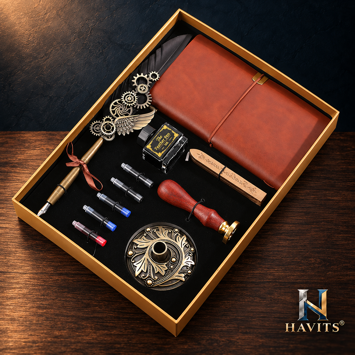 HAVITS retro schrijfset — Deluxe — Zwart; kleur van de veer