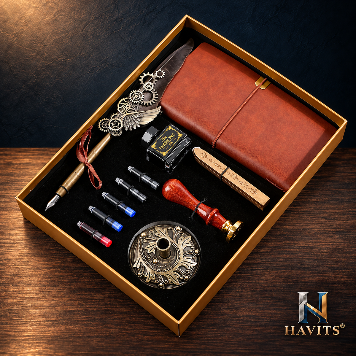 HAVITS retro schrijfset — Deluxe — Grijsbruin verloop; kleur van de veer