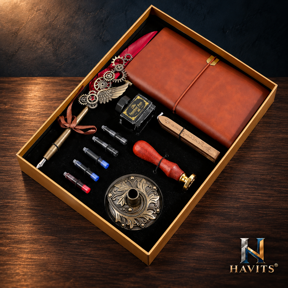 HAVITS retro schrijfset — Deluxe — Wijnrood; kleur van de veer