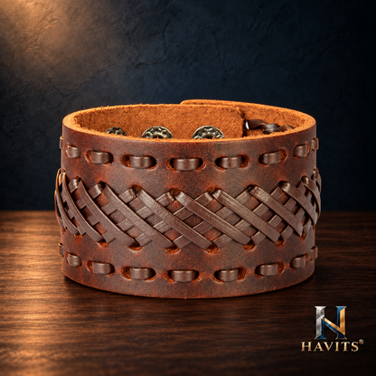 HAVITS Urban leren armband — Breed vlechtwerk — Cognacbruin