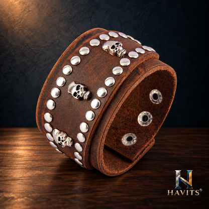 HAVITS Urban leren armband — Skull — Bruin