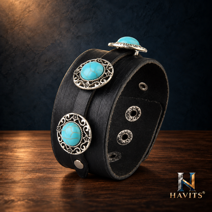 HAVITS Urban leren armband — Turkooiskleurige details — Zwart
