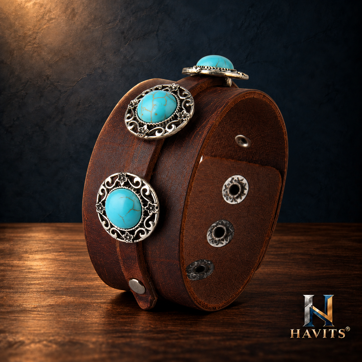 HAVITS Urban leren armband — Turkooiskleurige details — Bruin