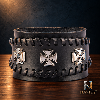 HAVITS Urban leren armband — Kruisaccenten — Zwart