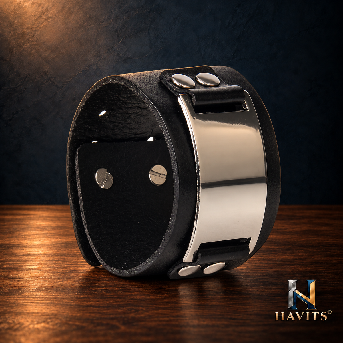 HAVITS Urban leren armband — Metaalplaat — Zwart