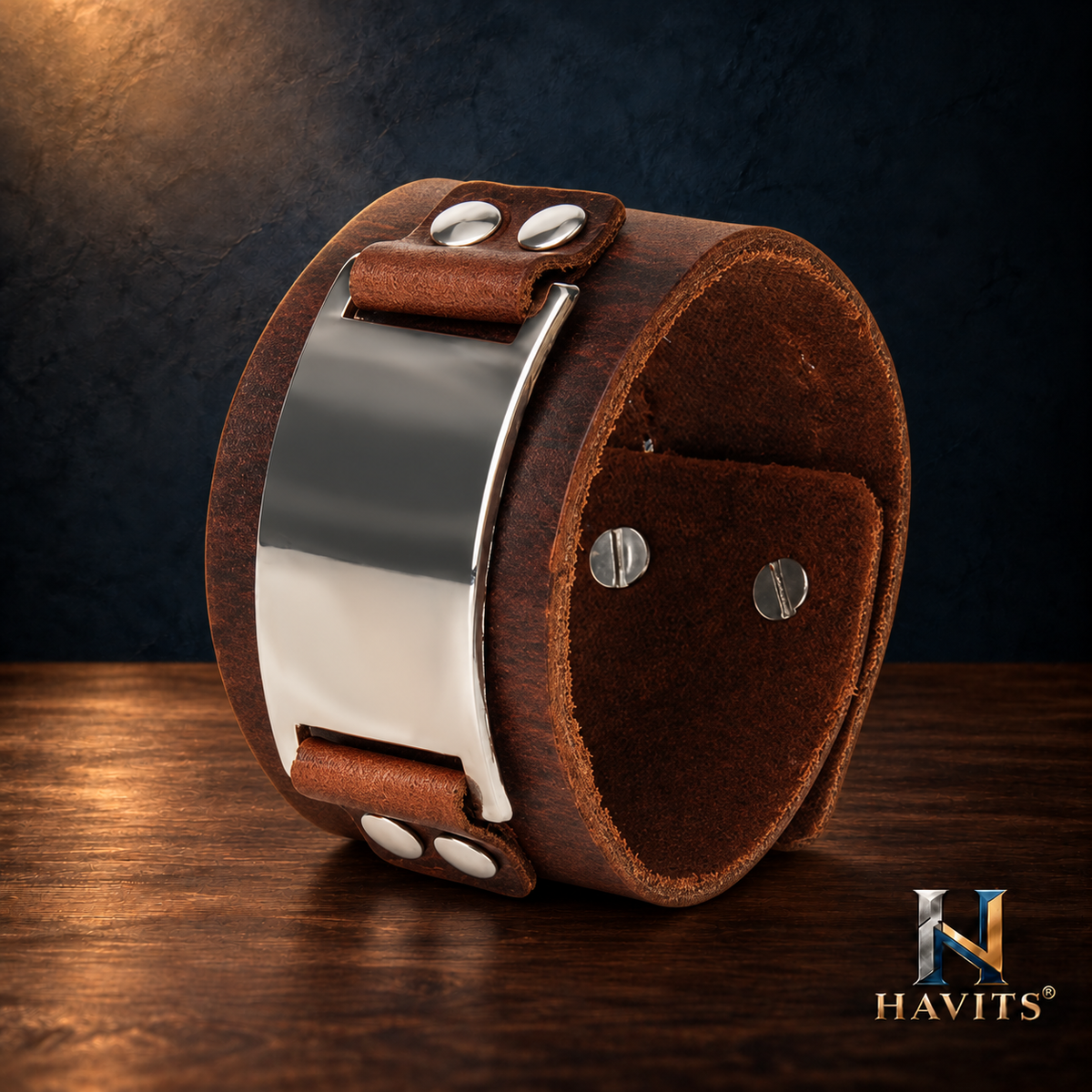 HAVITS Urban leren armband — Metaalplaat — Bruin