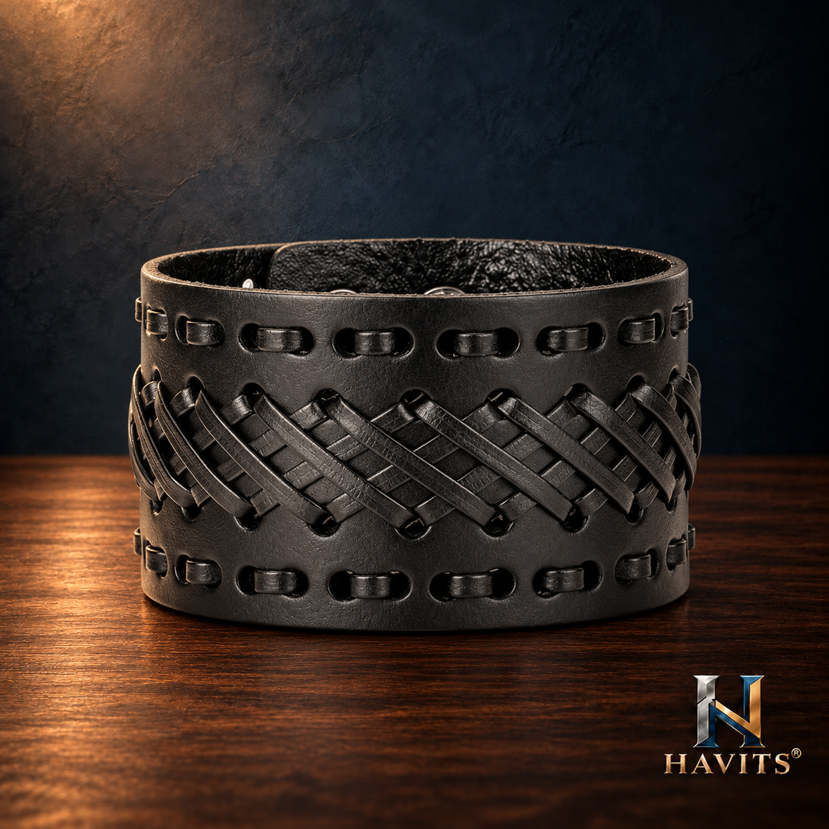HAVITS Urban leren armband — Breed vlechtwerk — Zwart