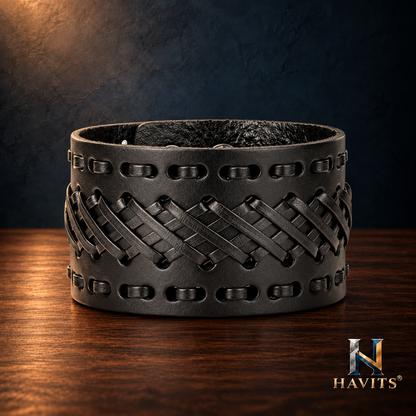 HAVITS Urban leren armband — Breed vlechtwerk — Zwart